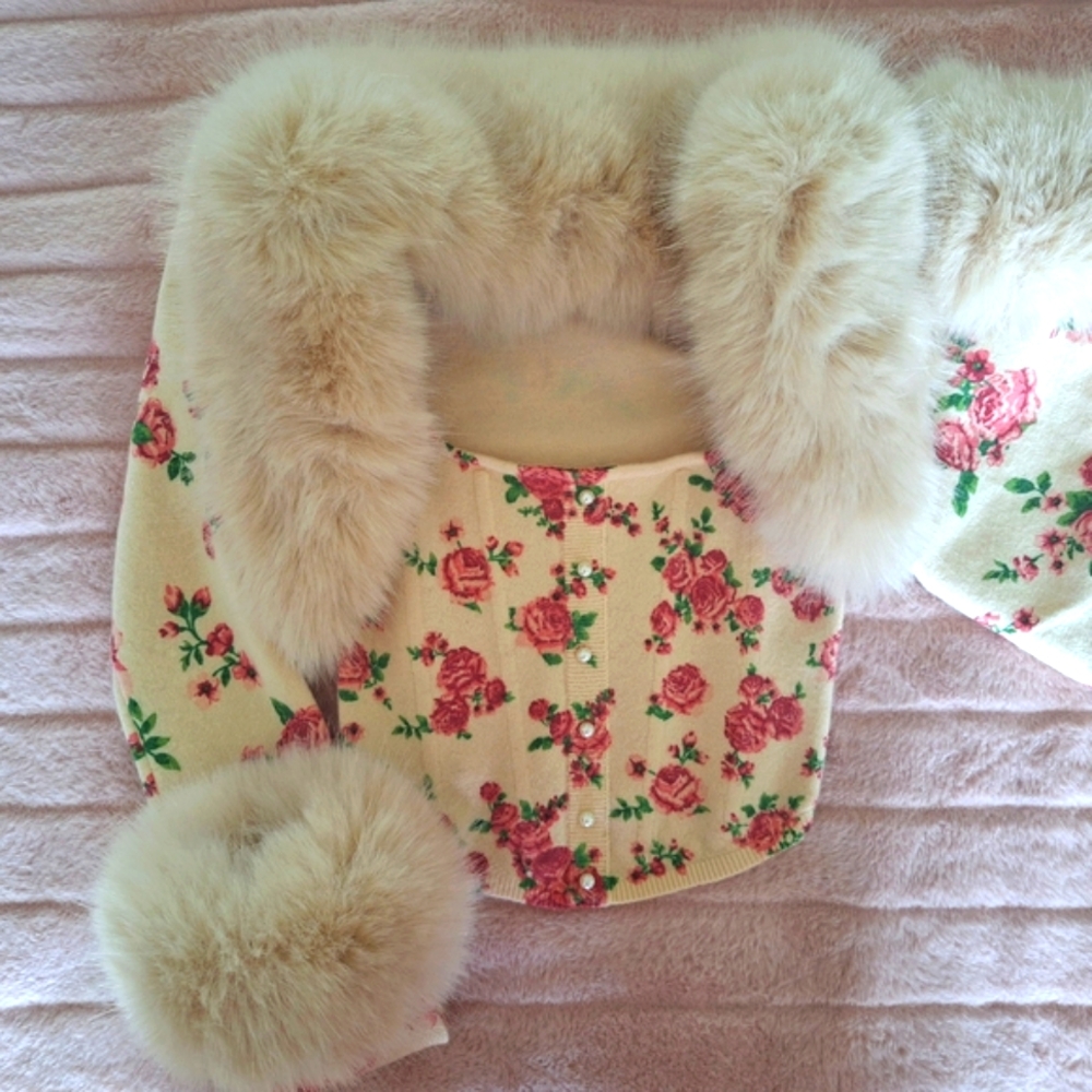 Danielle Guizio Cream Floral Crop Top with Fur Trim